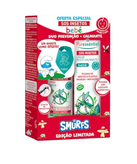 Puressentiel SOS Inset Cof Bebe Smurf  Puressentiel SOS Insetos Bebé Spray Repelente 60ml + Puressentiel SOS Insetos Bebé Creme Multi-Calmante 30ml c/ Oferta de babete Smurfs