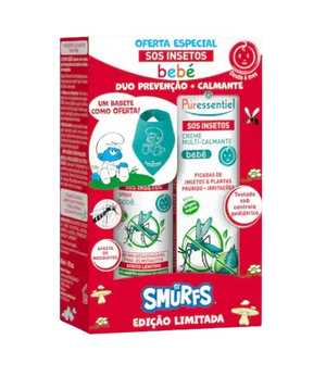 Puressentiel SOS Inset Cof Bebe Smurf  Puressentiel SOS Insetos Bebé Spray Repelente 60ml + Puressentiel SOS Insetos Bebé Creme Multi-Calmante 30ml c/ Oferta de babete Smurfs