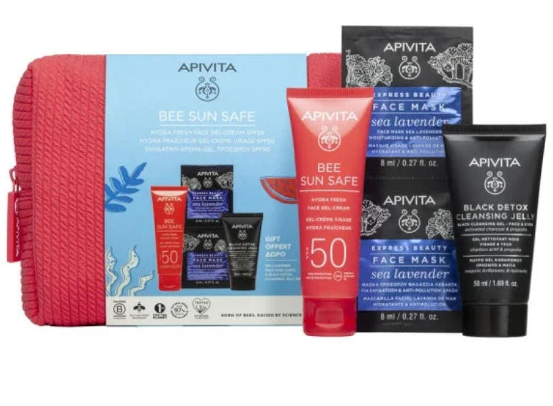 Apivita Bee Sun gel-Cr Hidra SPF50 50ml + Máscara 2x8ml+ Gel Limpeza 50ml Oferta Bolsa